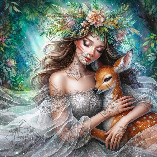 Diamond painting of a maiden with floral crown embracing a fawn under soft forest light. Diamond painting of a maiden with floral crown embracing a fawn under soft forest light.