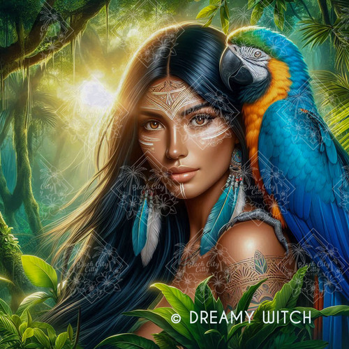 Amazonian woman art, Indigenous Amazon artwork, rainforest woman with macaw, scarlet macaw painting, tribal Amazonian beauty, Amazon rainforest art, exotic bird artwork, woman and parrot art, Indigenous culture artwork, wildlife and humanity art, bohemian rainforest decor, mystical Amazon art, tropical wall art
