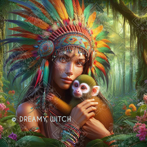 Daughter of the Rainforest: A licensed Dreamy Witch artwork of an Indigenous woman holding a curious monkey, radiating warmth, harmony, and the playful yet nurturing spirit of the Amazon rainforest.