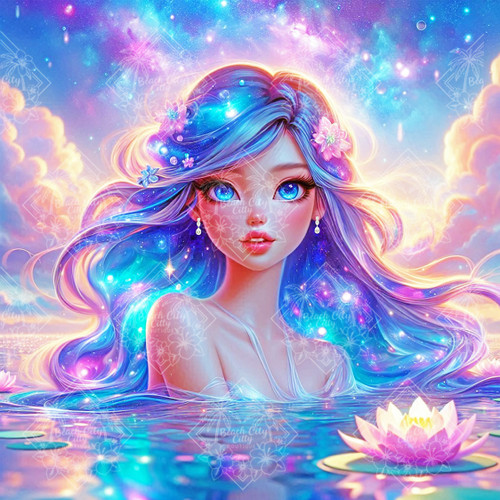 Cosmic Waters Mermaid – Licensed Art by Dreamy Witch

This diamond painting kit by Dreamy Witch showcases a breathtaking mermaid under a dazzling galaxy sky. Her flowing cosmic hair, jeweled earrings, and serene lotus-lined waters create a celestial masterpiece.