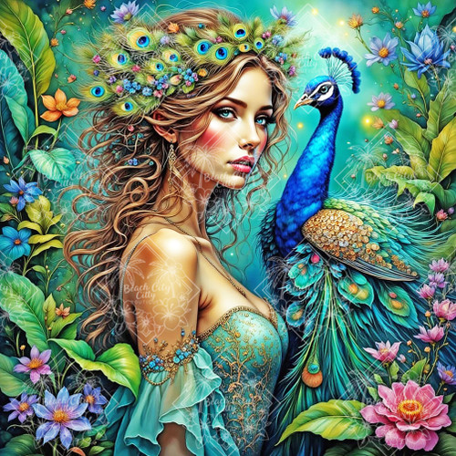 Majestic Peacock Empress Diamond Art Kit – A stunning goddess with peacock feathers, surrounded by lush florals and vibrant colors. Add sparkle and elegance to your diamond painting collection."