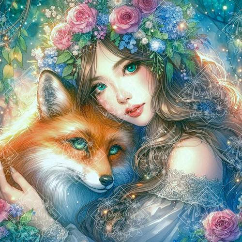 Woman with flower crown holding a fox, glowing magical portrait – Dreamy Witch diamond art kit.