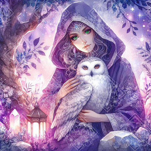 Woman in purple cloak holding a mystical owl with glowing crystals – Dreamy Witch diamond art kit.