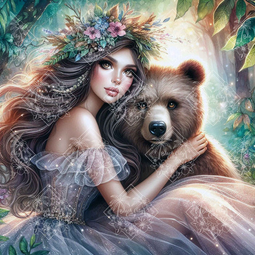Enchanted forest diamond painting of maiden and bear, fantasy art resin drill kit
