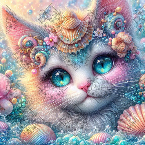 Diamond art of a blue-eyed kitty wearing a seashell crown with a pastel ocean background.