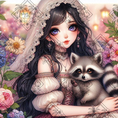 Diamond art of a girl with long dark hair and lace veil holding a raccoon surrounded by pastel flowers.