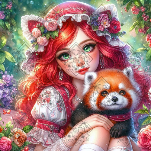 Diamond painting of a red-haired maiden with a red panda surrounded by flowers and light. Diamond painting of a red-haired maiden with a red panda surrounded by flowers and light.