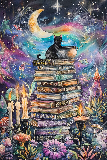 Diamond art featuring a black cat on stacked books surrounded by candles and a starry galaxy background, illustrated by Sakura. Diamond art featuring a black cat on stacked books surrounded by candles and a starry galaxy background, illustrated by Sakura.