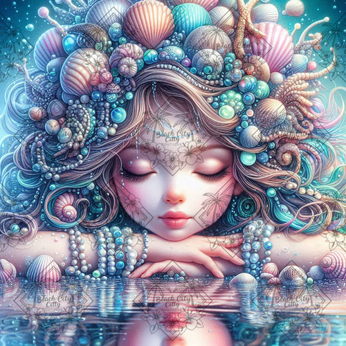 Diamond art image of a dreamy young girl with seashells woven through her hair, illustrated by Sandrietta.