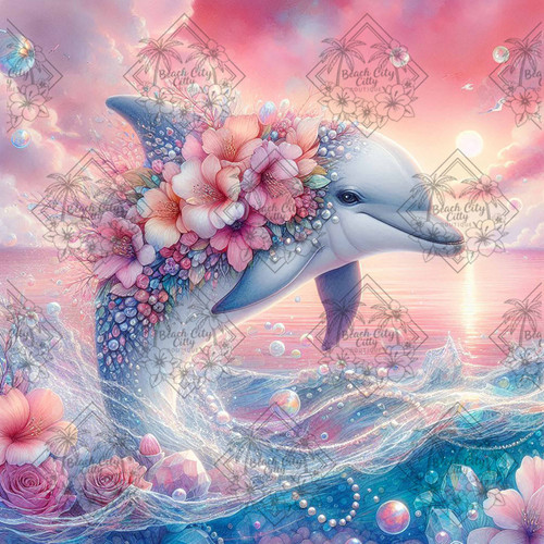 Diamond art of a dolphin with flowers under a pink sky over a magical ocean