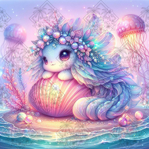 Diamond art of a big-eyed pastel fantasy sea creature surrounded by jellyfish, coral, and glowing ocean details.