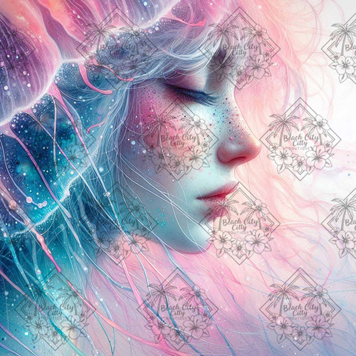 Diamond art of a beautiful pastel woman whose flowing hair transforms into a jellyfish.