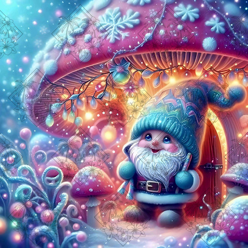 Smiling gnome in blue hat standing under glowing red mushroom with winter lights and frost.