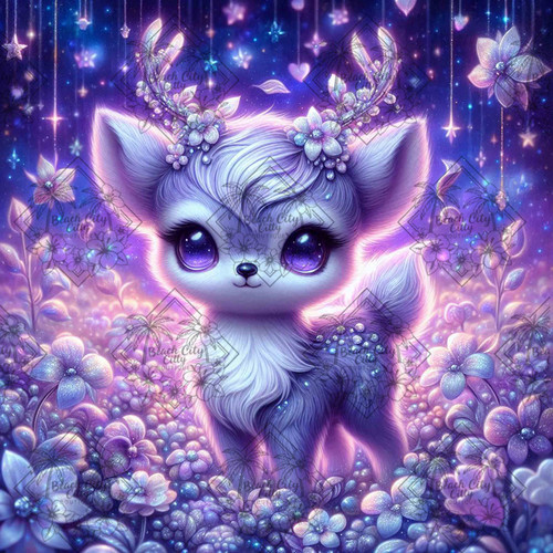 Cute pastel deer with glowing antlers in a sparkling night field of purple flowers.