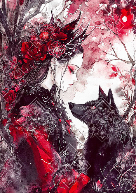 Dark-haired woman in red gown with roses and a black wolf under a crimson moon. Dark-haired woman in red gown with roses and a black wolf under a crimson moon.