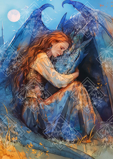 Gentle woman with long auburn hair embracing a blue dragon in a fairytale meadow. Gentle woman with long auburn hair embracing a blue dragon in a fairytale meadow.