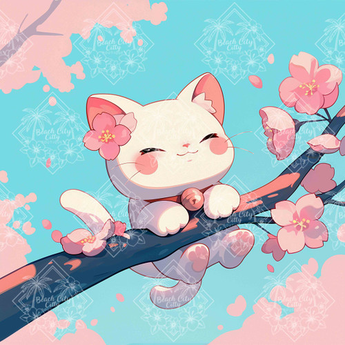 Cute white kitten with a pink cherry blossom on its ear sitting on a branch of blooming sakura. Cute white kitten with a pink cherry blossom on its ear sitting on a branch of blooming sakura.