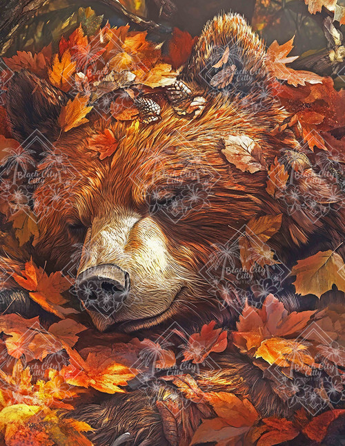Peaceful brown bear sleeping in a bed of golden autumn leaves.
