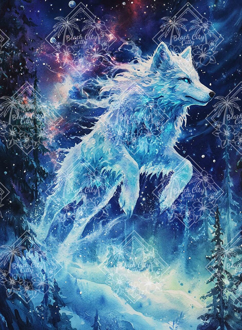 Majestic white wolf running through a star-filled night sky with glowing blue fur and cosmic energy. Majestic white wolf running through a star-filled night sky with glowing blue fur and cosmic energy.