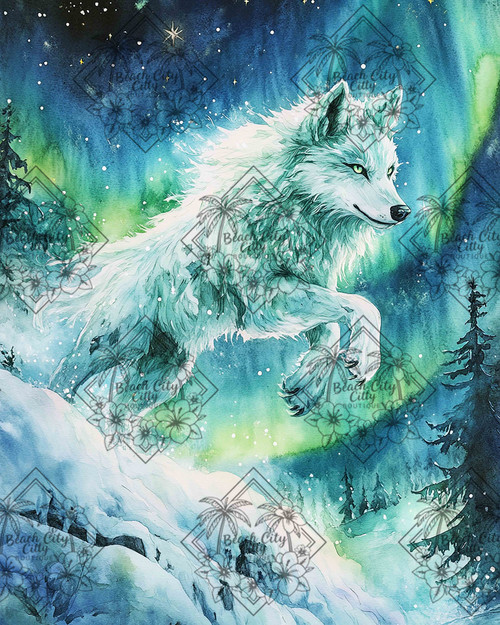 White wolf running through snowy forest under glowing green northern lights.