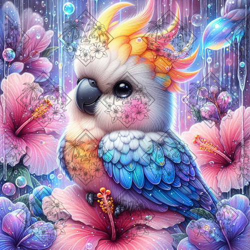 Cute rainbow-feathered cockatoo sitting in pink hibiscus flowers, fantasy style.