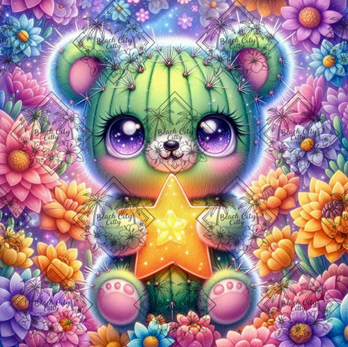 Cute cactus teddy bear holding glowing star surrounded by colorful flowers.