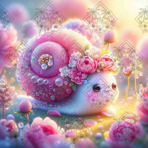 Cute pastel snail with flower crown and sparkly shell in a garden.
