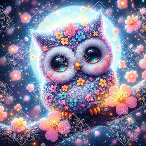 Cute owl covered in pastel flowers perched on a branch under a glowing moon.