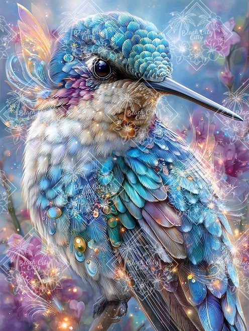Detailed fantasy hummingbird with glittering feathers and flowers.
