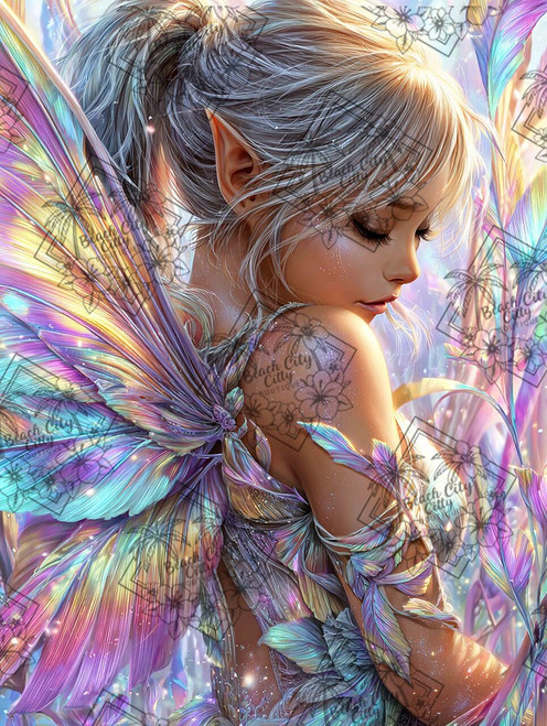 Delicate fairy with iridescent rainbow wings in pastel tones.