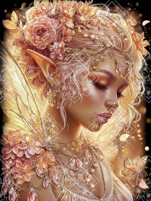 Fantasy fairy with golden flowers, pearl jewelry, and butterfly glowing in warm light.