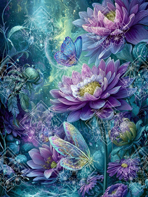 Purple flowers and glowing butterflies beneath a starry blue night sky.
