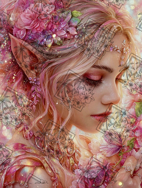 Pink-haired fairy with floral crown and butterflies surrounded by soft glowing petals.