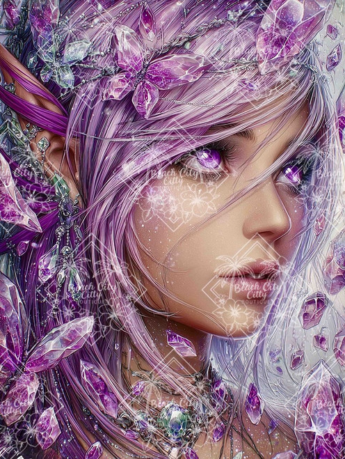 Purple-haired fairy with crystal butterflies and glowing amethyst jewels.