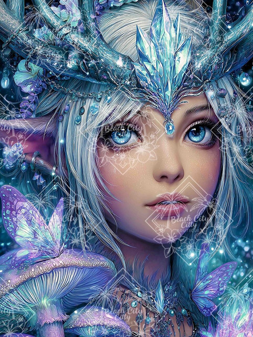 Fairy with icy crown and glowing blue butterflies surrounded by winter light.