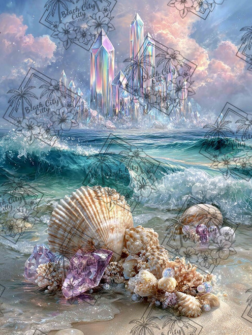 Beach scene with seashells, amethyst crystals, and ocean waves under pastel clouds.