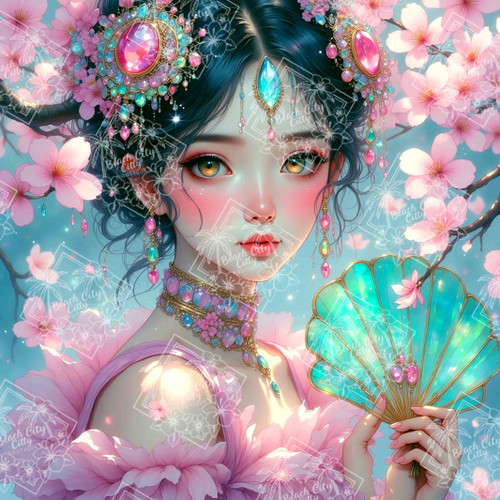 Fantasy girl with jeweled headpiece and cherry blossoms holding a teal fan.