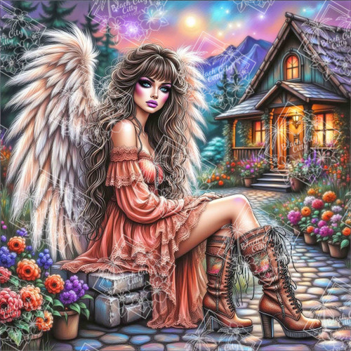 Fantasy angel with wings seated outside cottage at sunset.
