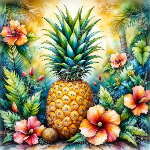 Golden pineapple with tropical leaves and hibiscus flowers.
