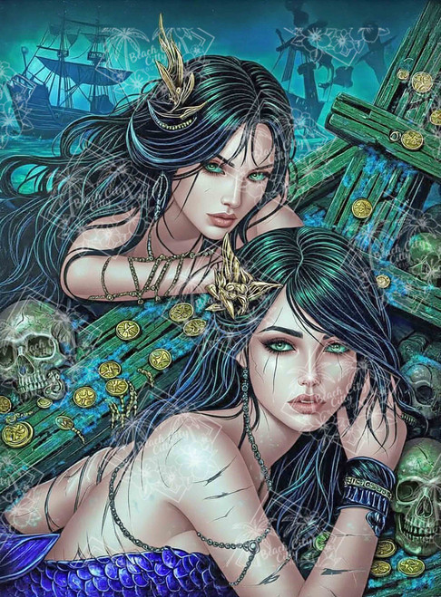 Two mermaids with green eyes among shipwreck treasure and skulls.