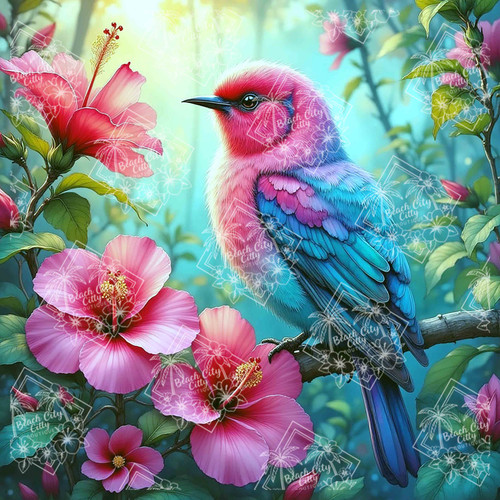 Pink and blue tropical bird sitting on a branch with hibiscus flowers.