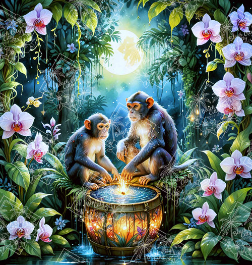 Two monkeys playing by glowing water in moonlit jungle with orchids.