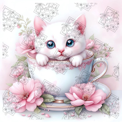 White kitten with blue eyes sitting inside floral teacup with pink flowers.