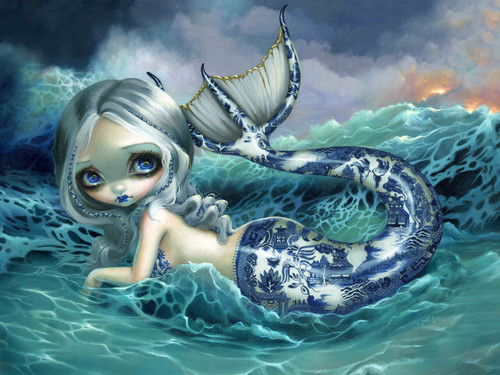 Porcelina debuted as part of my “Magical Thinking” show at the Corey Helford Gallery in LA.  Part of the “Blue Willow” series which are fantastical paintings featuring the iconic Blue Willow porcelain pattern, Named after the Smashing Pumpkins song, this beautiful piece features a porcelain-tailed mermaid in a glorious ocean landscape.