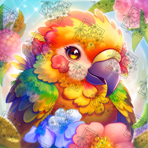 Sunset Parrot Bloom diamond painting with tropical bird and flowers by Natasha Muir