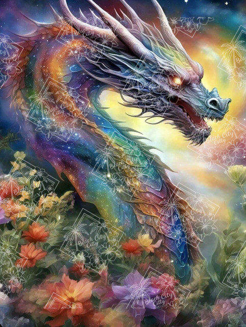 Celestial Garden Dragon diamond painting with rainbow dragon and flowers by Natasha Muir