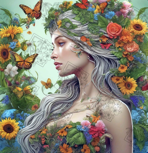 Blossom Garden Muse diamond painting portrait with flowers and butterflies by Natasha Muir
