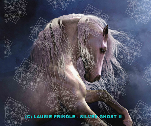 Elegant pale horse with a flowing silvery mane emerging from a dark, misty background, artwork by Laurie Prindle.