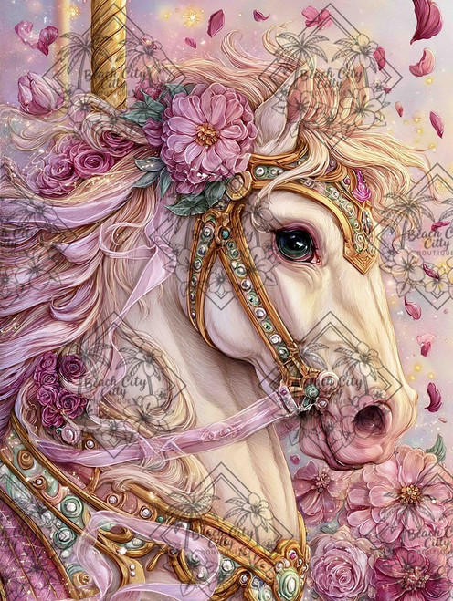 Elegant carousel horse with pink flowers, gold trim, and pastel ribbons on a soft magical background.