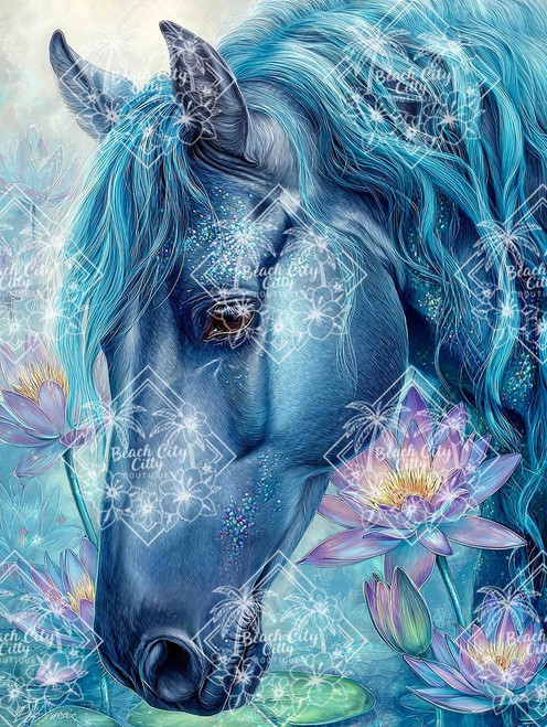 Blue mare with shimmering details above glowing lotus flowers in a tranquil water scene.